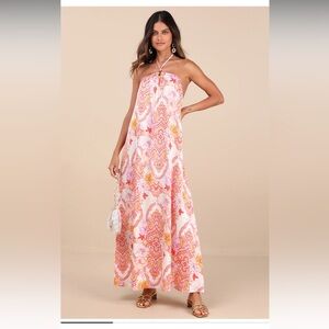 Lulu's Strapless Floral Maxi Dress - Pink and Orange